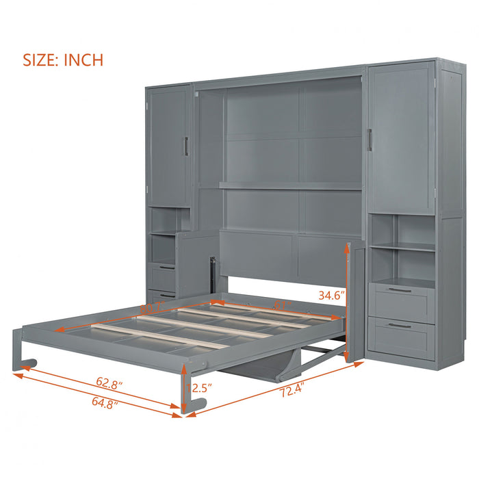 Lit Escamotable Joyce Format Queen Avec Tiroirs Et Etageres - Gris