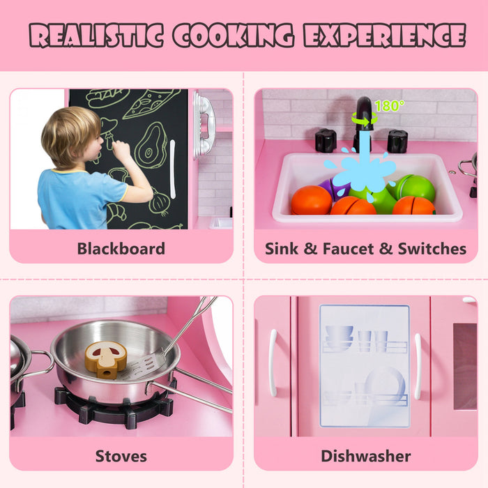 80x24x81cm Ensemble De Jouet De Cuisine Pour Enfant, Jeu De Role Avec Tableau Noir Et Six Compartiments De Rangement, Boutons Avec Effets Sonores, Pour Enfants De 3 A 6 Ans, Blanc/rose