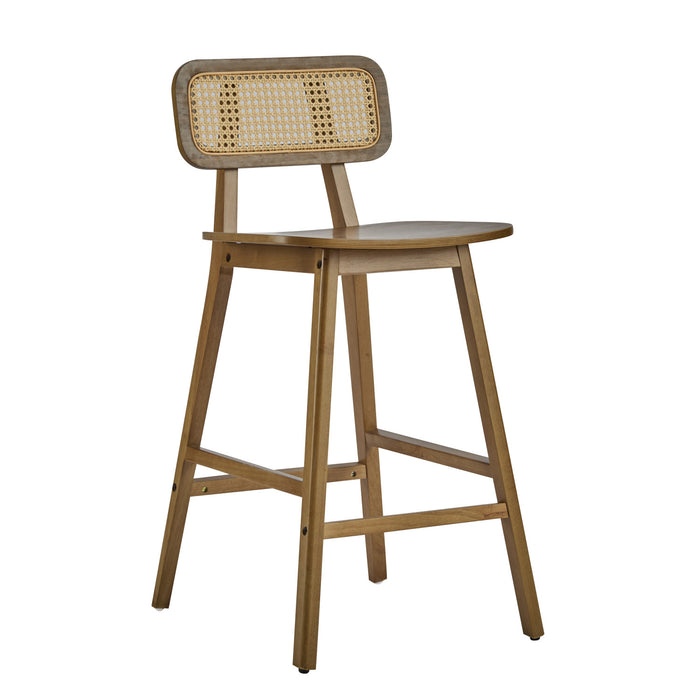 Bari – Lot de 4 tabourets de comptoir en bois d’hevea avec dossier en rotin et repose-pieds, finition noyer