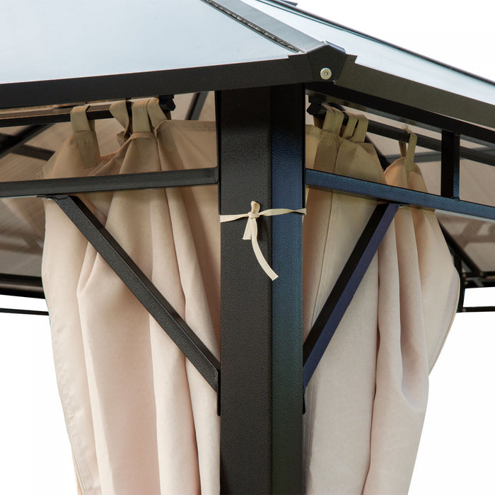 Outsunny Pavillon De Jardin Tonnelle Rigide Dim. 12'l X 9.75'l X 8.75'h Rideaux Lateraux Anti-uv Beige Acier Noir Polycarbonate