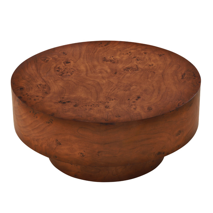 Table basse ronde moderne Sage 31,5 pouces avec finition placage bois et base cylindrique, brun
