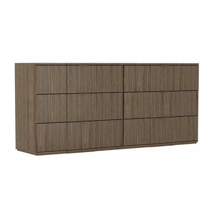 Commode Clive style milieu du siecle 183 cm en noyer brun et or (6 tiroirs)