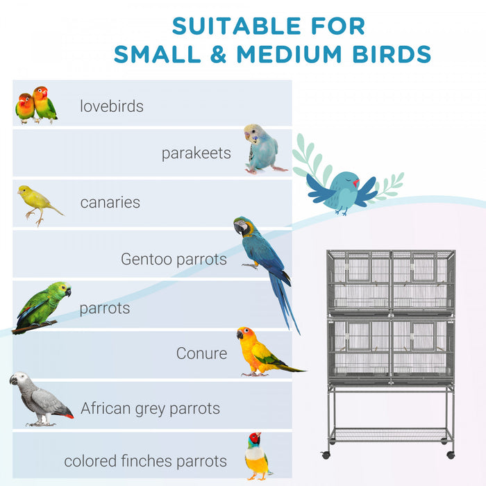Pawhut Grande Cage A Oiseaux En Metal A Double Roulement Avec Plateau En Metal Amovible, Etagere De Rangement, Perchoir En Bois, Recipient Alimentaire, Gris