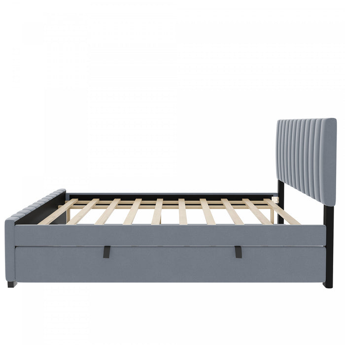 Lit plateforme Ethan rembourre en velours, gain de place, avec tiroir gigogne, taille full, gris