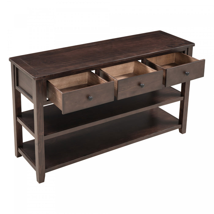 Console Wendy En Bois Massif Avec 3 Tiroirs Et 2 Etageres Ouvertes, Espresso
