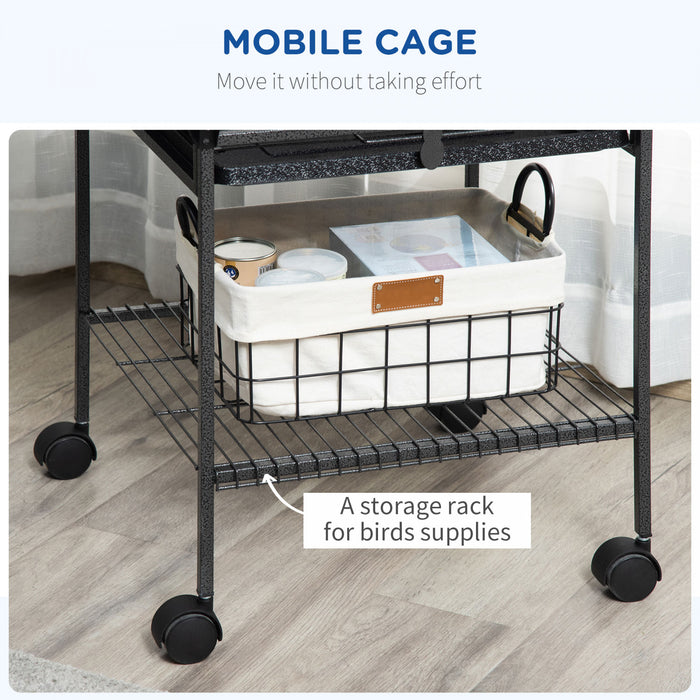 Pawhut Cage A Oiseaux De 61 Pouces Pour Pinsons, Perruches Avec Support, Plateau Coulissant, Dessus De Jeu, Etagere De Rangement, Perchoir En Bois, Recipient Alimentaire