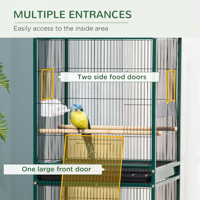 Pawhut Grande Cage A Oiseaux Avec 1,7 Pi De Largeur Pour Envergure, Voliere D'interieur Avec Design Multi-portes, Adaptee Pour Un Canari, Pinson, Conure, 55\"