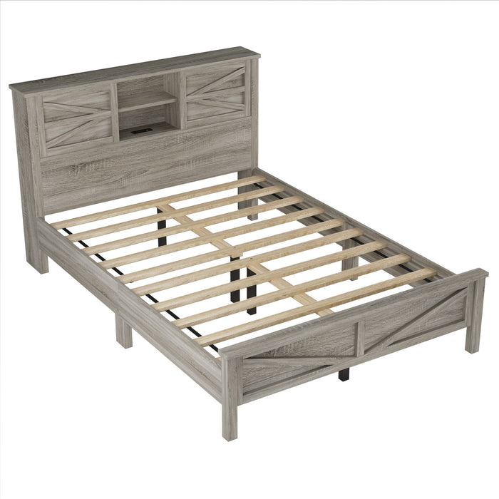 Madison Ensemble de chambre avec lit plateforme style ferme, rangement et station de recharge, taille Queen, gris