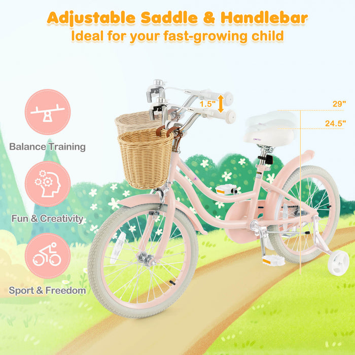 Costway 18\" Velo Enfant Avec Roues D'entrainement Reglable Guidon Siege Frein A Main Rose