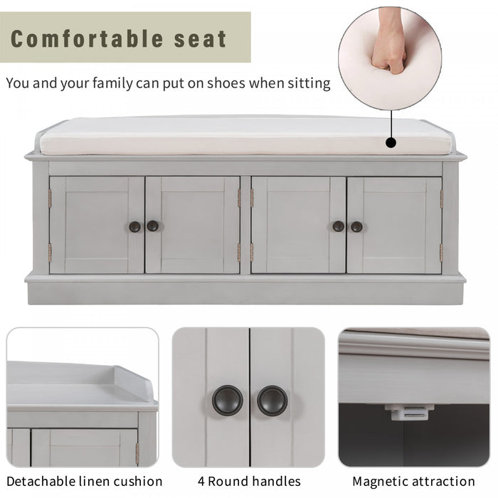 Daniel Banc De Rangement En Bois Massif Avec Armoire A Chaussures A 4 Portes Et Etageres Reglables, Finition Gris Vieilli