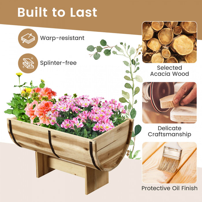 Costway 1 Pcs Exterieur Planteur En Bois Acacia Bois Solide Demi-baril Planteur Boite Avec Jambes