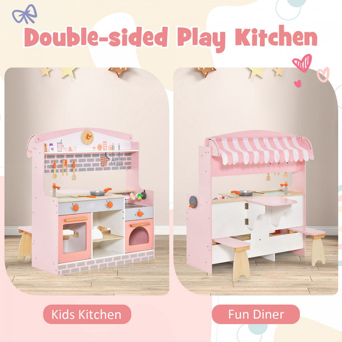 Cuisine Et Restaurant 2 En 1 Pour Enfants, Cuisine De Jeu Double Face Avec Cuisiniere, Four A Rotir, Barbecue, Auvent Reglable Et Robinet En Bois, Jeu De Role Pour Enfants De 3 A 8 Ans