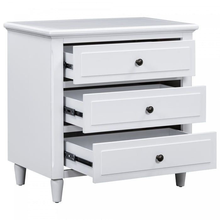 U_Style Table de Nuit Peinte 28 po avec 3 Tiroirs a Glissiere Douce et Pieds en Bois de Caoutchouc, Blanc