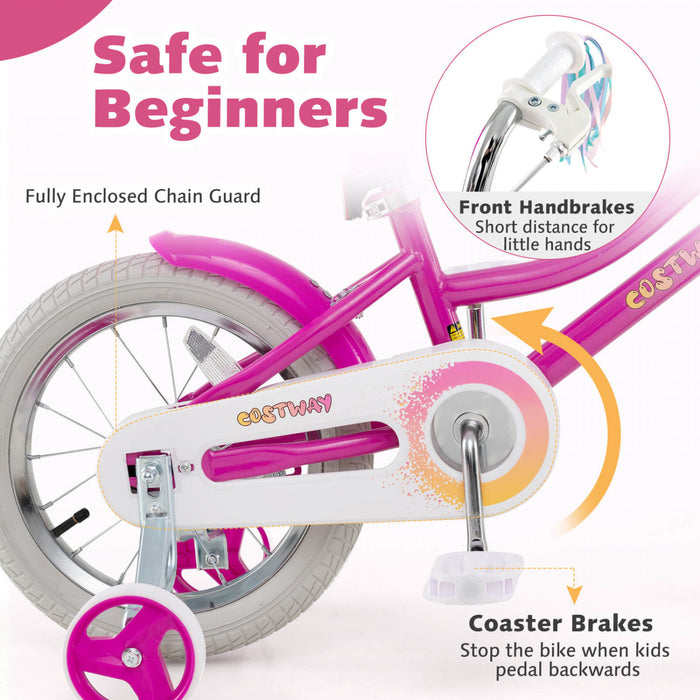 Costway 14\" Velo Pour Enfants Avec Roues D'entrainement Poupee Siege Panier Streamers Frein A Main Rose