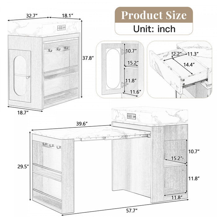Table a manger extensible Logan avec plateau pliant et tiroirs de rangement, blanc