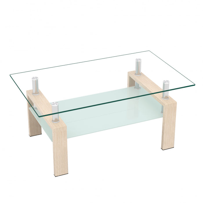 Table basse moderne rectangulaire en verre trempe transparent Liam, finition chene