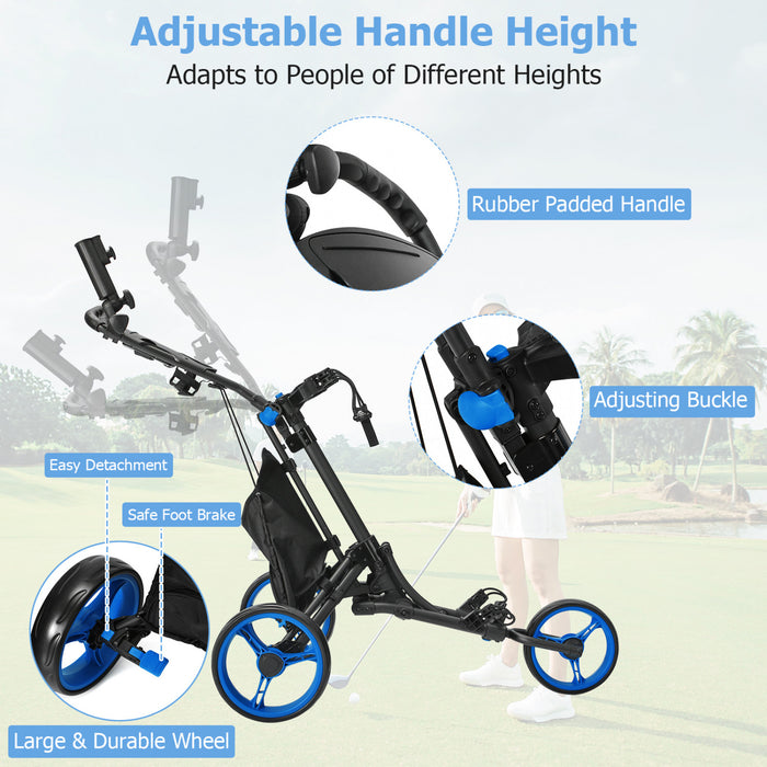Chariot De Golf Pliable A 3 Roues, 4 Positions De Hauteur Reglables, Chariot De Golf Leger, Chariot De Golf En Aluminium Avec Porte-ombrelle Reglable, Sac Etanche, Glaciere Integree, Frein A Pied, Ouverture Et Fermeture Rapides.