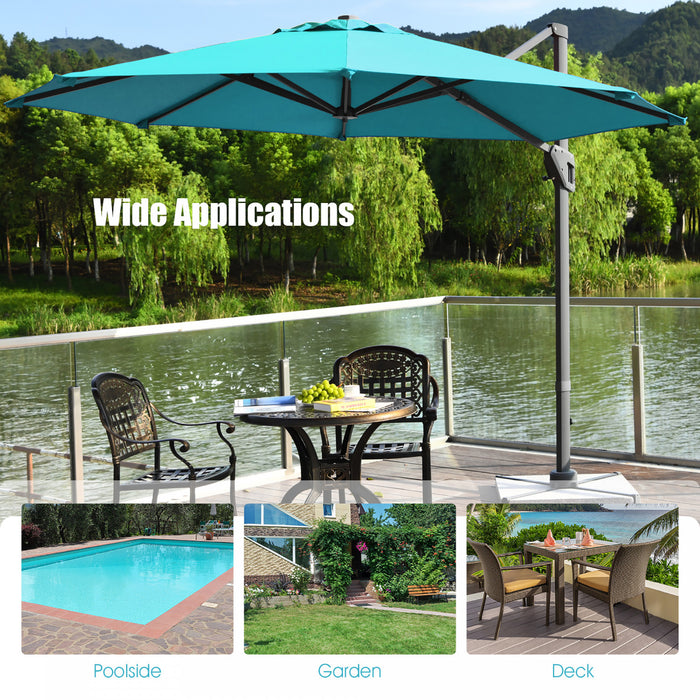 Costway Parasol deporte 11ft pour terrasse a rotation cantilever, aluminium, inclinable, base croisee, turquoise