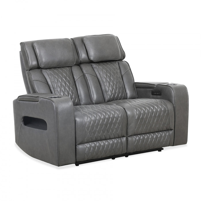 Causeuse inclinable electrique Kingsley de 58 po en cuir assorti avec rangement dans les accoudoirs et USB - Charbon