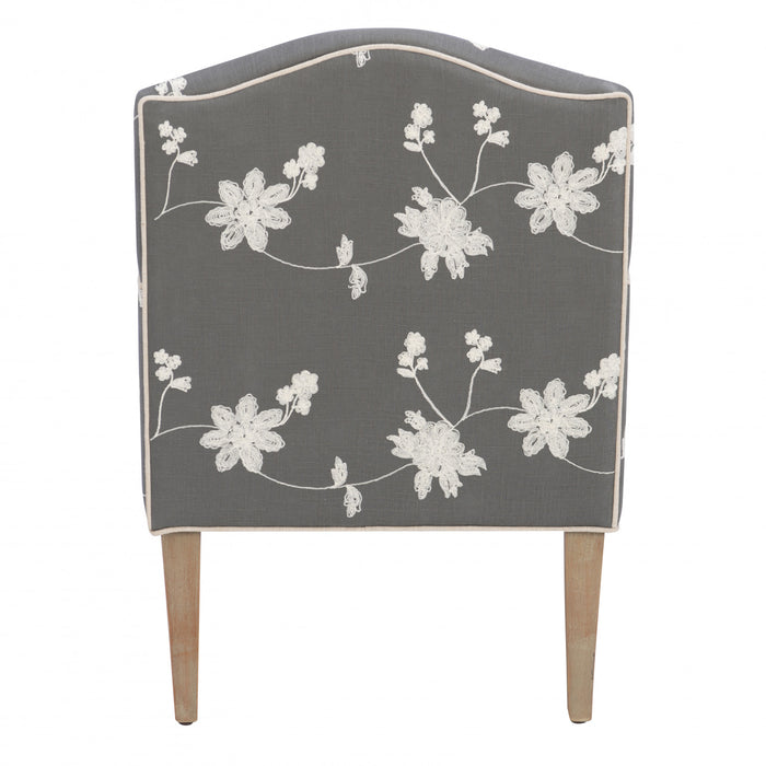 Fauteuil d'appoint Kenna en tissu d'apparence lin orné de broderie florale - gris