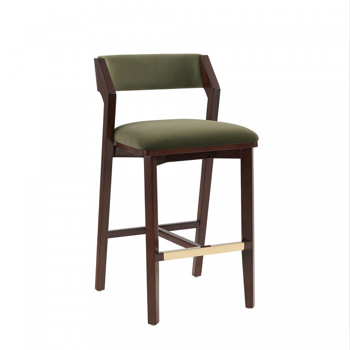 Tabouret de bar moderne Patricia en bois avec revetement en tissu vert tortue