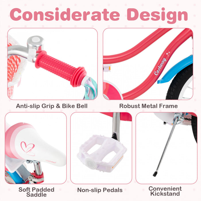 Costway 18\" Velo Pour Enfants De 4 A 8 Ans Avec Siege De Poupee Panier Et Streamers Colores Kickstand Rose