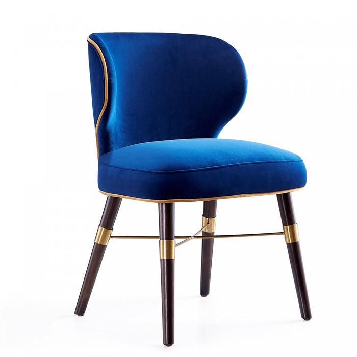 Chaise de salle a manger moderne Strine en bois et tissu bleu et or - Lot de 2