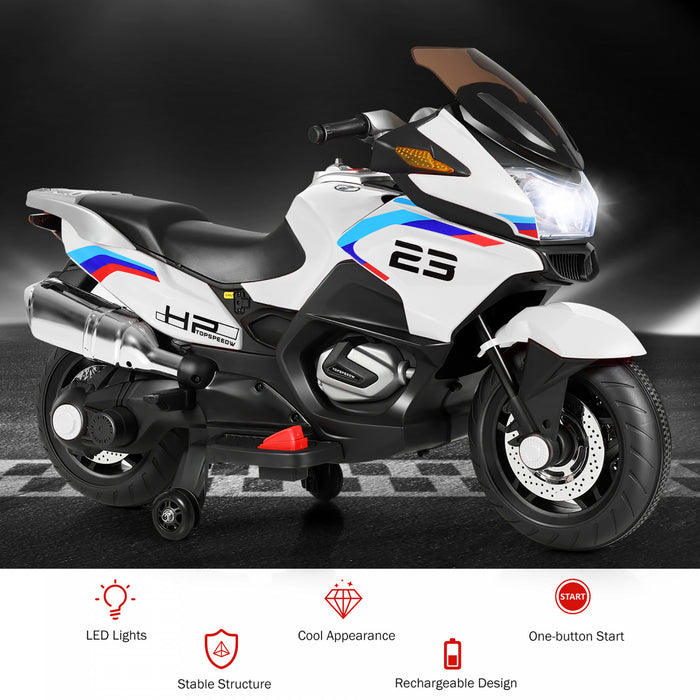 Moto Electrique 12v Pour Enfants Avec Roues D'entrainement Et Eclairage, Blanc