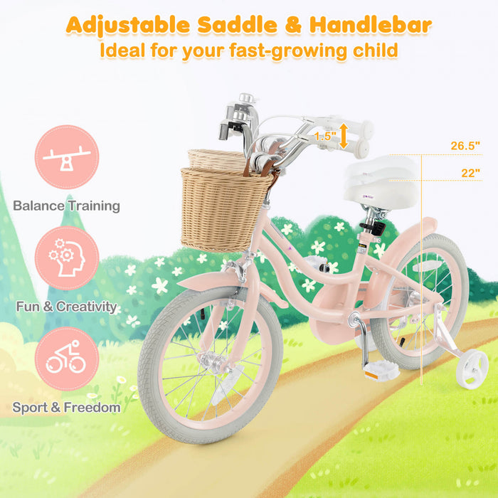 Costway 16\" Velo Enfant Avec Roues D'entrainement Reglable Guidon Siege Frein A Main Rose