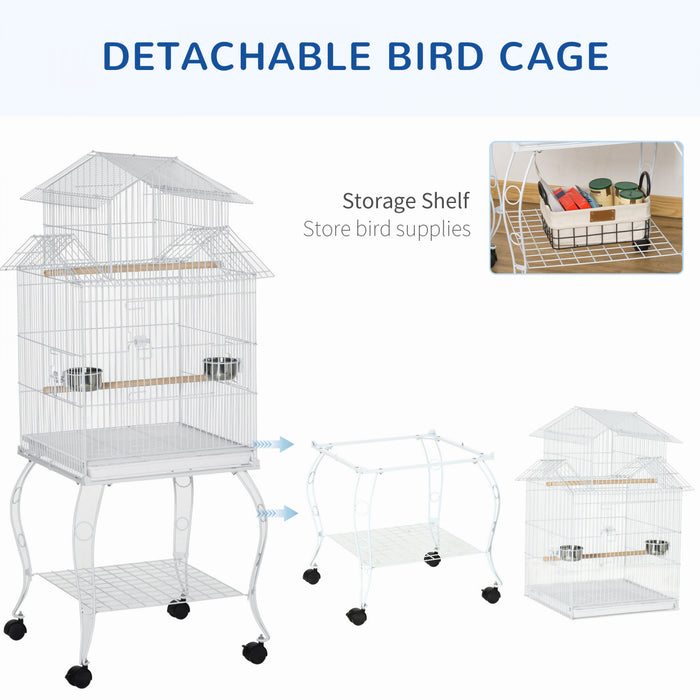 Pawhut Grande Cage A Oiseaux En Metal De 54'' Avec Support Roulant Detachable, Etagere De Rangement, Perchoir En Bois, Contenant A Nourriture, Blanc