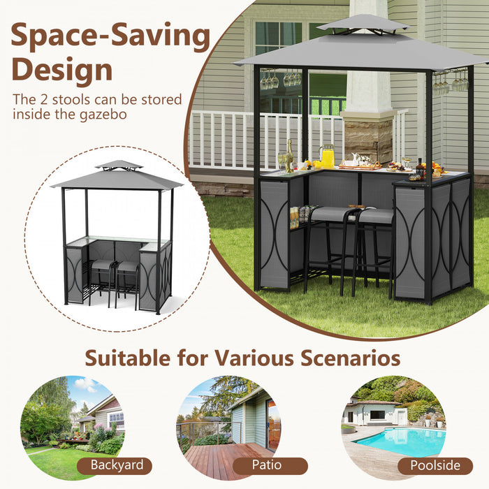Costway 6.5 X 4 X 8 Ft Grill Gazebo Ensemble Avec 2 Tabourets De Bar, Table De Bar En Verre Trempe Gris