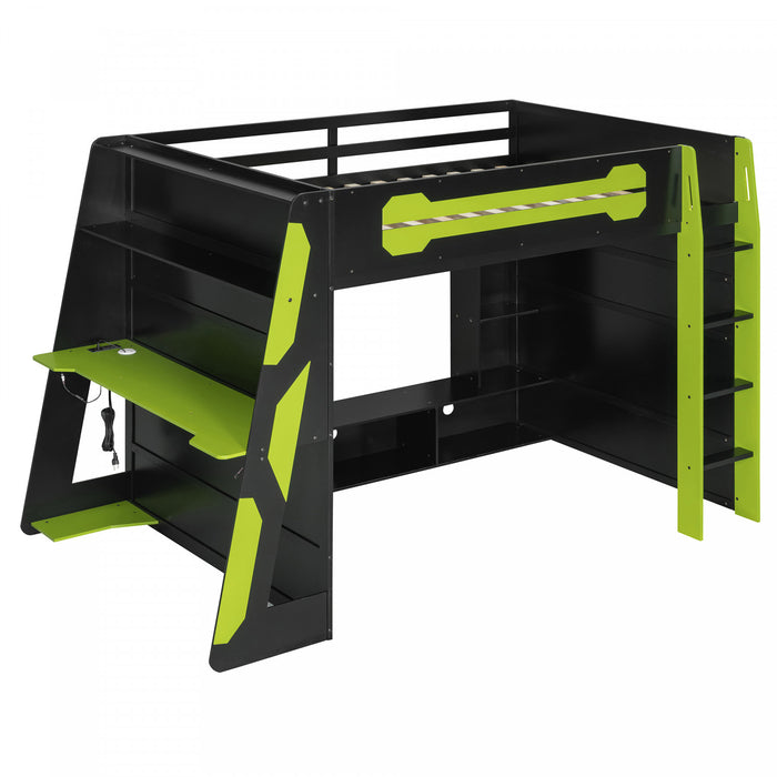 Olivia Lit mezzanine en bois avec bureau et etageres de rangement multiples, Lumiere RGB, Vert