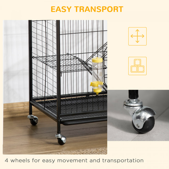 Pawhut Cage Pour Petits Animaux 37\" Lapin Furet Chinchilla Avec 2 Portes Plateforme Rampe Metal Noir