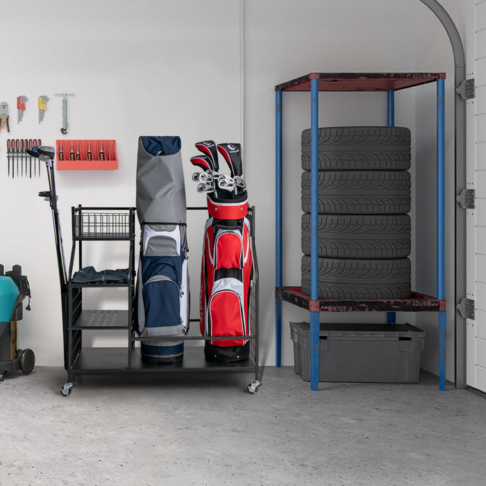 Support De Rangement Pour Sac De Golf Pour Garage, Double Organisateur De Sac De Golf Avec Roues Universelles Verrouillables, Organisateur De Stockage Supplementaire Pour Clubs De Golf Et Autres Equipements De Golf, Support Pour Sac De Golf Avec Support Pour Clubs De Golf