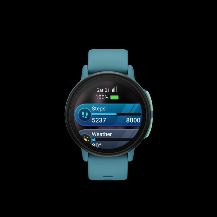 Montre intelligente Garmin Bounce 2 Turquoise pour enfants - Suivi d'activite, communication bidirectionnelle, mises a jour meteo, alarmes chronometre, fonction d'assistance, defis familiaux