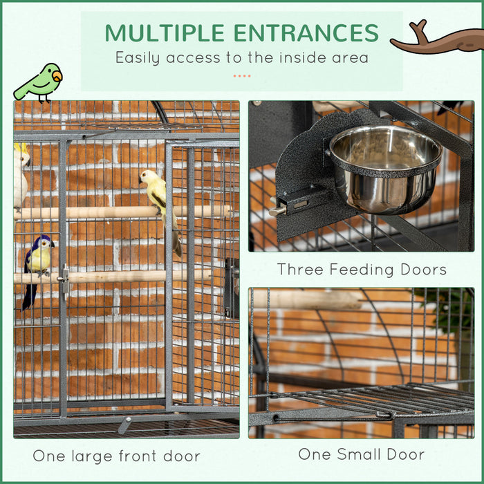 Pawhut 66\" Cage A Oiseaux Cage A Perroquets Pour Perruches Calopsittes Perruches Avec Dessus De Jeu, Support Roulant, Plateau Coulissant, Etagere De Rangement