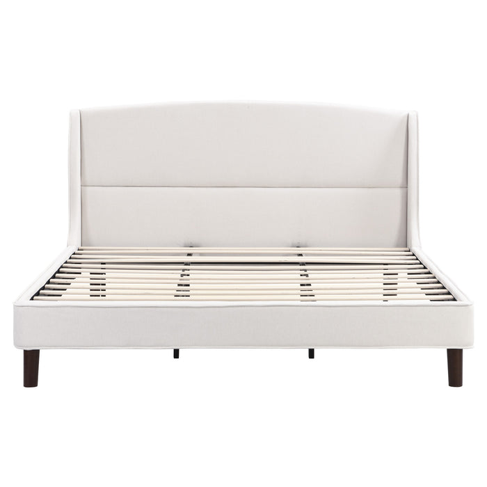 Lit Ellison a Plateforme Rembourre en Tissu avec Tete de Lit Ailes et Lattes en Bois, Taille King - Beige