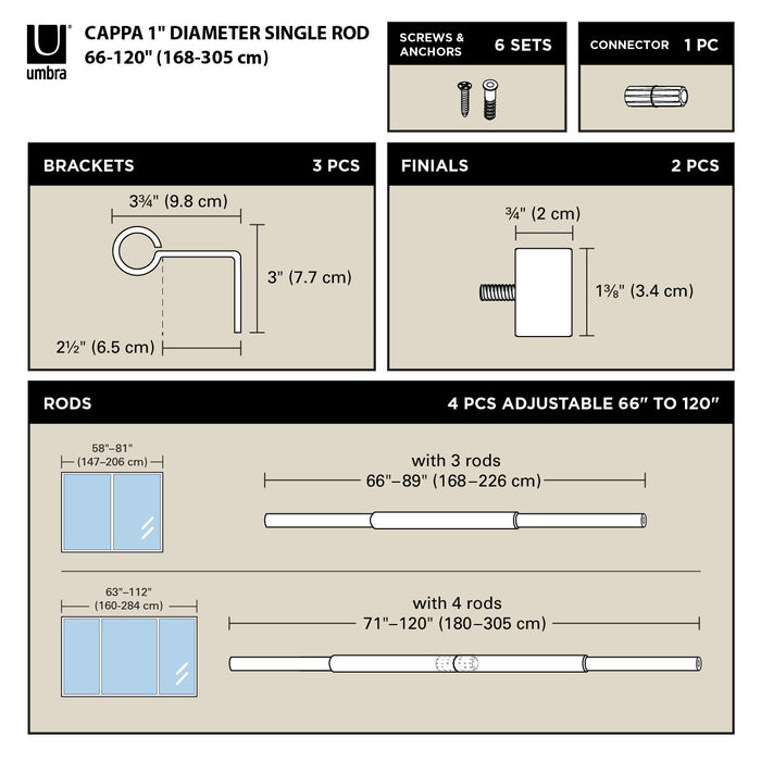 Tringle à rideaux extensible Cappa de Umbra noir mat de 1 po - 66 po à 120 po