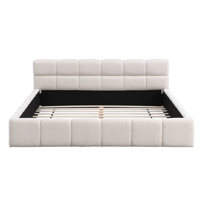 Eleanor Lit elegant avec revetement en chenille et design a damier, Taille Queen, Beige