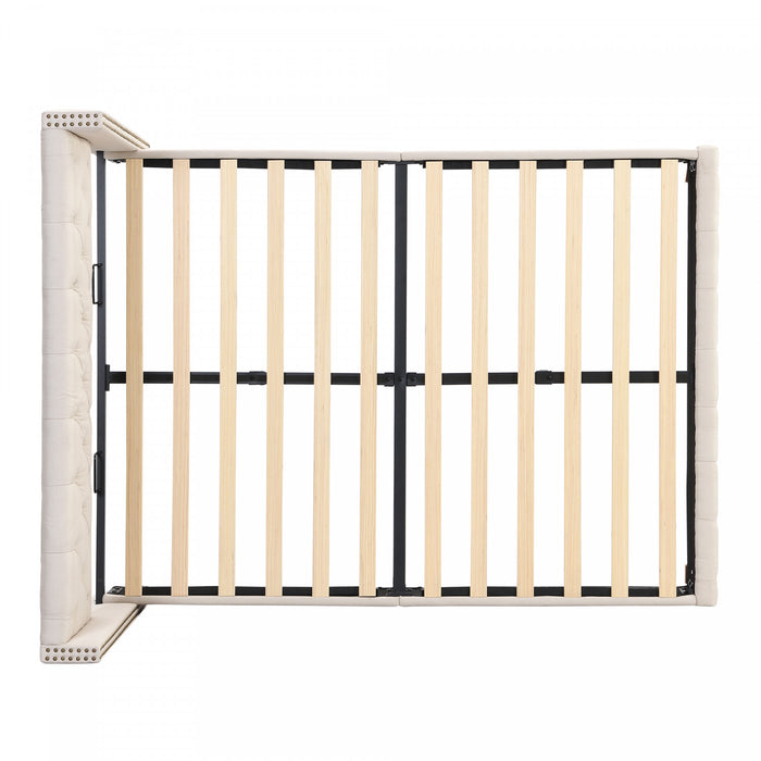 Lit plateforme en lin Haley avec tete de lit a ailes classiques et capitonnage en diamant, taille Queen, beige