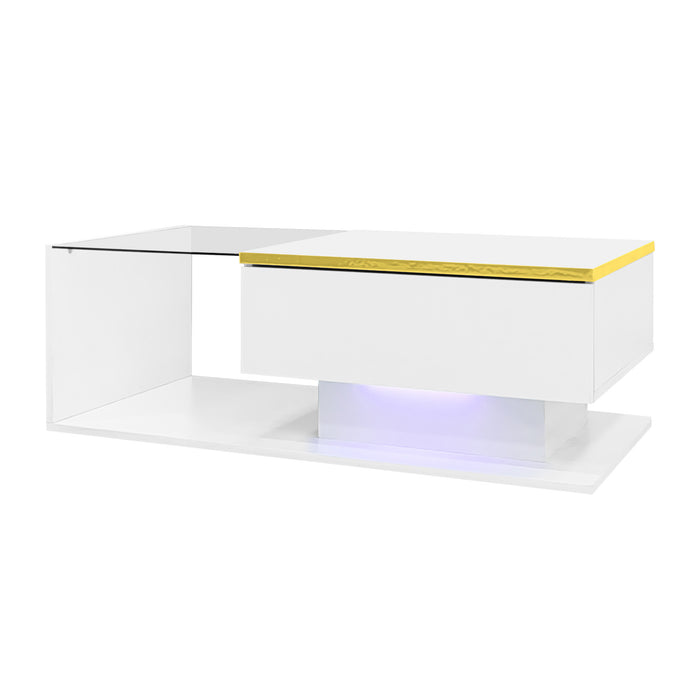 Maxwell Table Basse Haute Brillance de 39,4\" avec Verre et Effet LED, Blanc