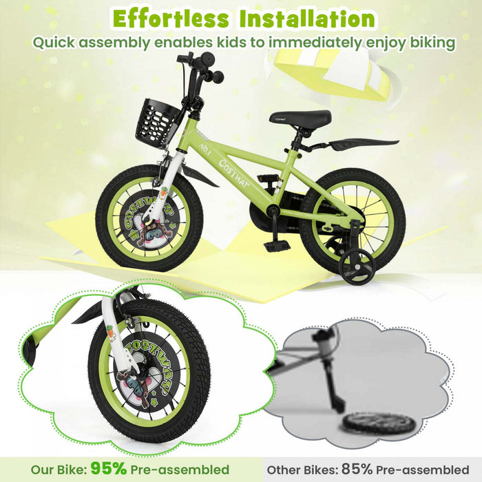 Costway 14\" Velo Pour Enfants Pour 3-5 Avec Guidon Reglable En Hauteur Et Frein A Main En Selle Vert