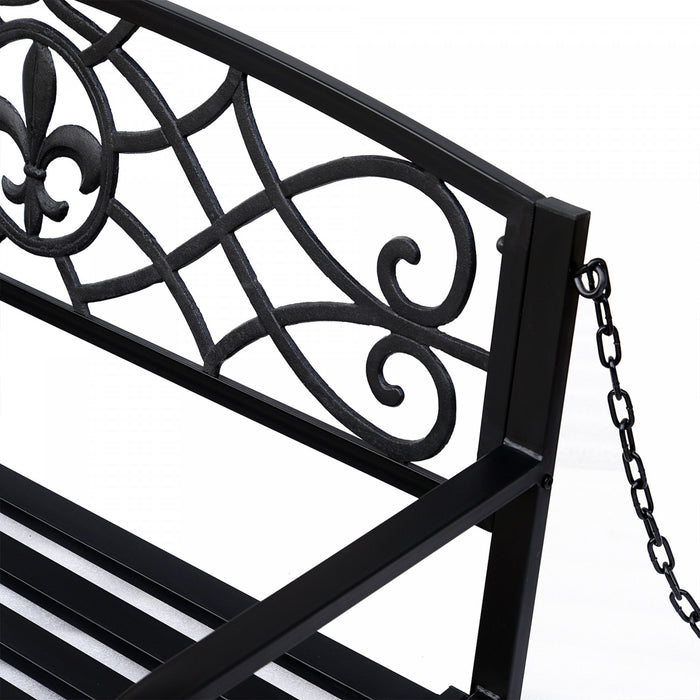 Outsunny 50\"l Balancoire De Porche En Acier Fleur-de-lis Banc De Jardin Suspendu Siege De Chaise De Planeur D'exterieur Pour 2 Personnes Avec Chaine Patio De Pelouse De Style Antique Avec Chaine Noir