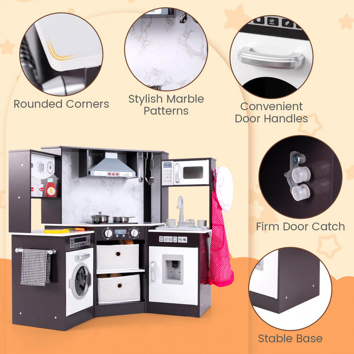 Costway Bois Enfants Jouer Coin Cuisine Avec Des Lumieres Realistes Et Des Sons Eclaires Gamme Capuchon Marron