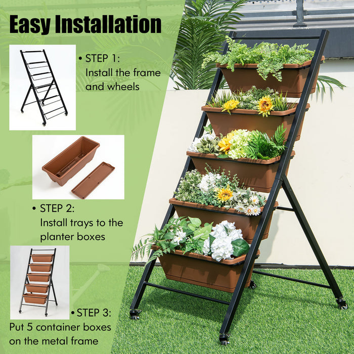 Costway 5-tier Vertical Raised Garden Bed Elevated Planter Avec Roues Et Boites A Conteneurs
