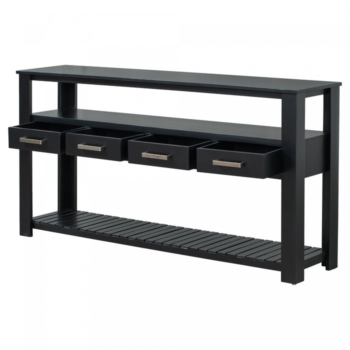 Table d'entree Ava 62,2'' avec tiroirs et etageres ouvertes, noire