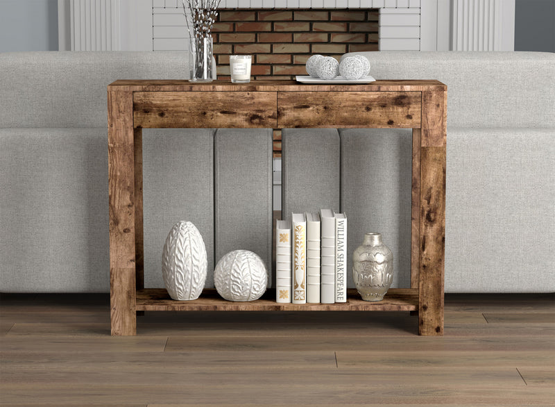 Console de 40 po avec 2 tiroirs et tablette - bois recyclé brun