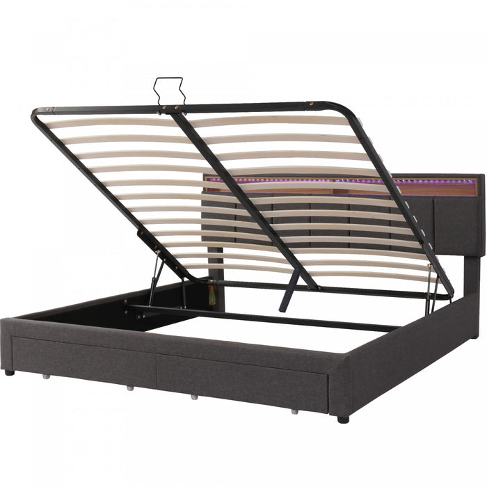 Lit de stockage hydraulique rembourre Kelly avec tete de lit eclairee LED et tiroirs integres, taille Queen, gris