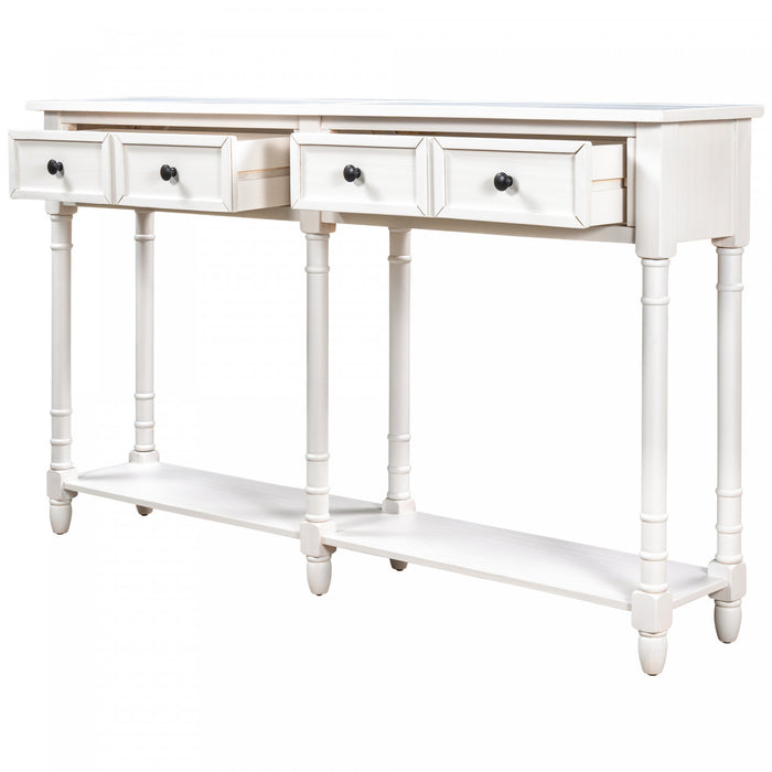 Table Console Phyllis En Bois Massif Avec Tiroirs Et Etagere Inferieure - Ivoire Blanc