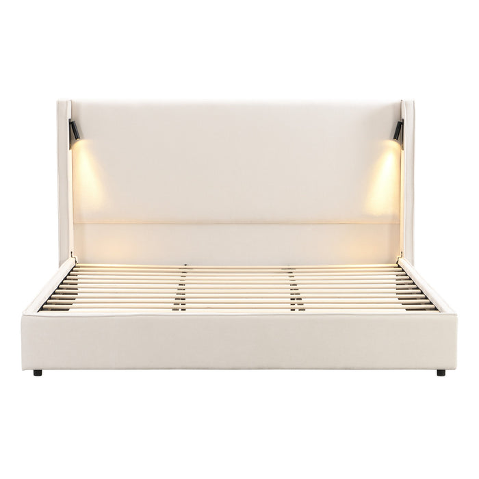 Lit Olivia Rembourre avec Tete de Lit Ailes et Ports USB, Taille King - Beige